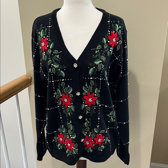 B.P. Designs Sweaters - Vintage B.P. Design Christmas Cardigan Embroidered Poinsettias Size S
